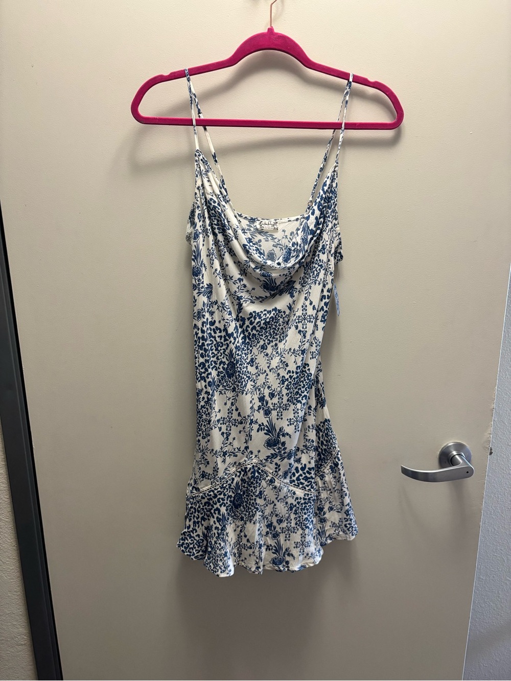 Free People White and Blue Floral Cowl Neck Slip Top